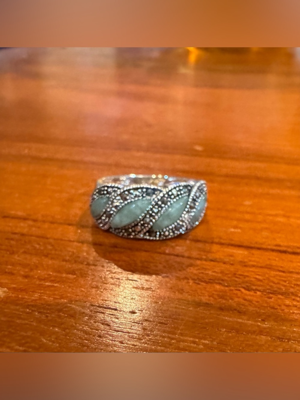 2005 Sterling Silver (925) Jadeite, Marcasite Ring, Marked NV, but it’s Avon—5.5